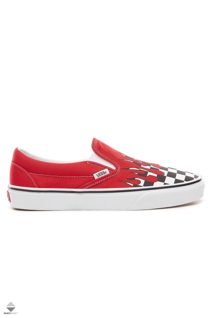 vans classic slip on trainers racing red checkerboard flame