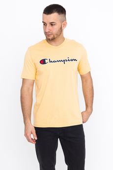 yellow and white champion shirt